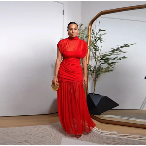 Elegant Mesh Patchwork Pleated Long Skirt Dress for Women Slim Evening Party Maxi Dress